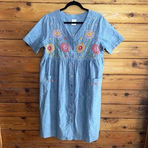 Bechamel Floral Embroidered Chambray Dress Size Petite Medium